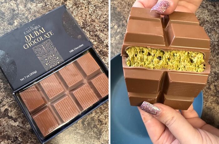 Dubai milk chocolate bar with a unique filling, a popular TikTok purchase trend.