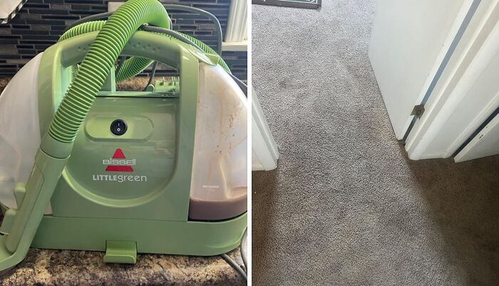 Bissell Little Green cleaner next to freshly cleaned carpet, showcasing #TikTokMadeMeBuyIt results.