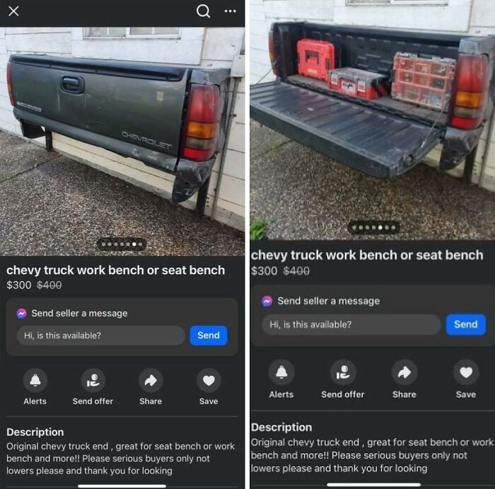 Chevy truck tailgate used as a workbench or seat, listed for sale on Facebook Marketplace.