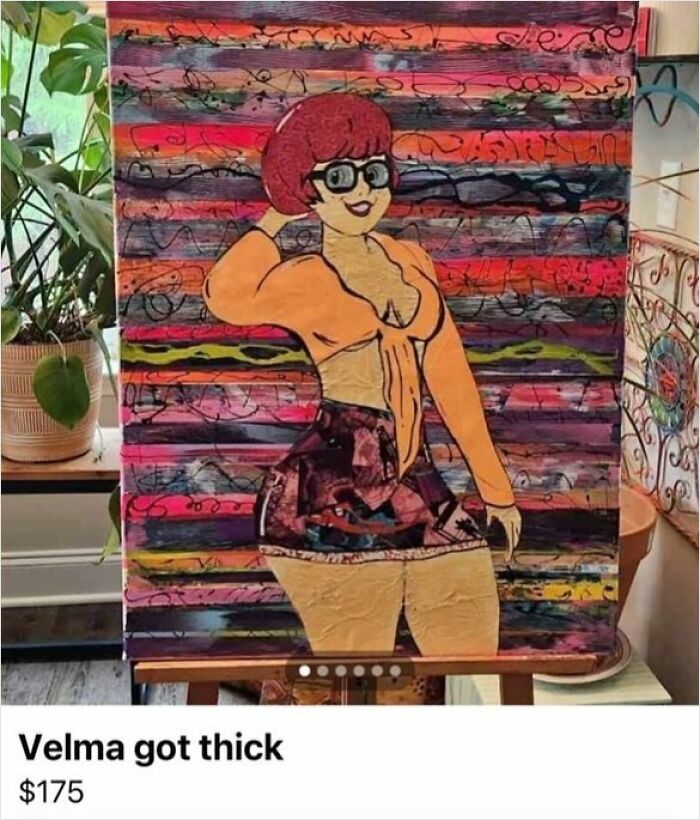 Colorful painting of cartoon character Velma on display; humorous Facebook Marketplace ad listed for $175.