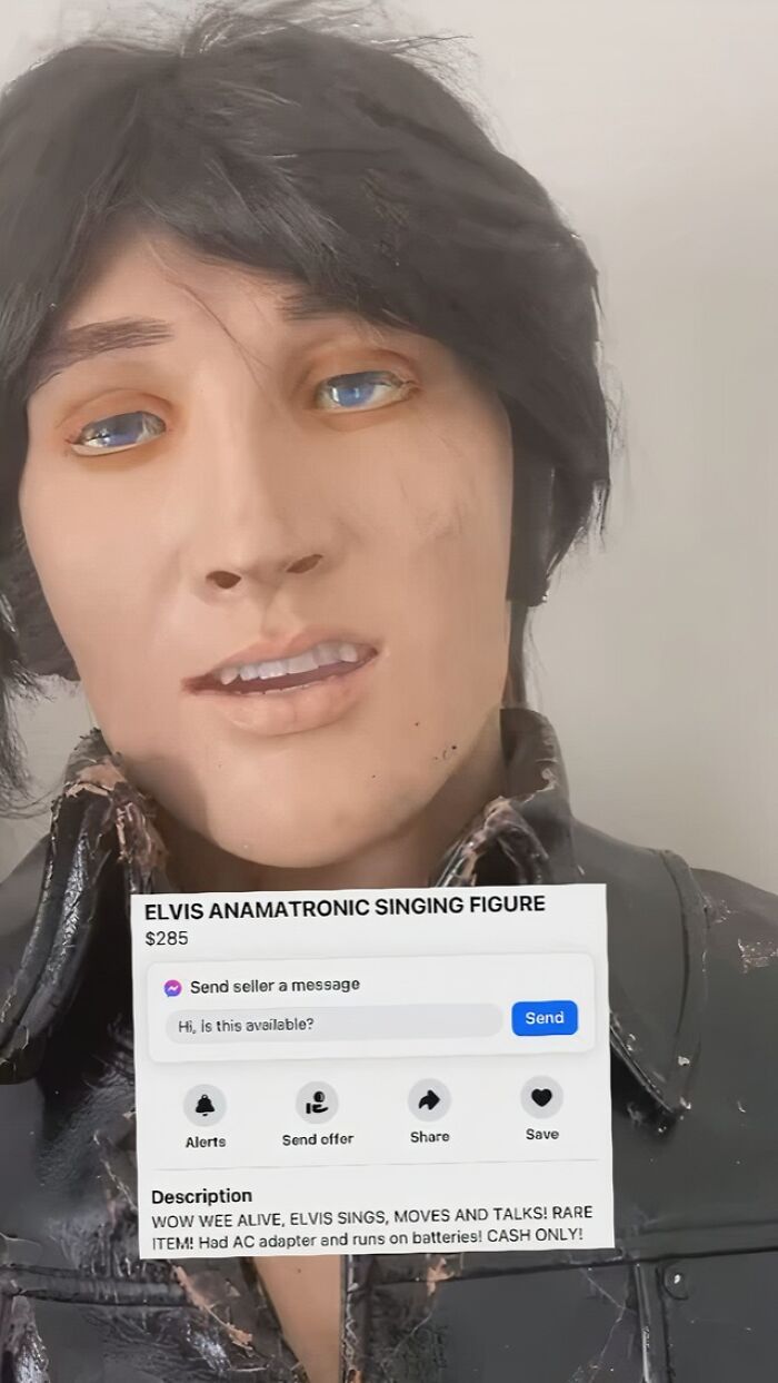 Elvis animatronic figure listed on Facebook Marketplace for $285, featuring singing and moving capabilities.