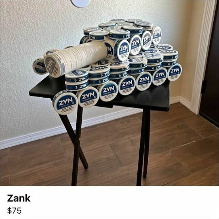 Stack of ZYN cans on a table, posted on Facebook Marketplace with a $75 price tag.