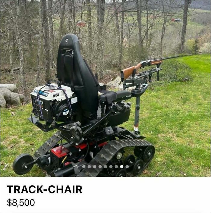 Unusual Facebook Marketplace ad featuring a track-chair with a mounted rifle, priced at $8,500.