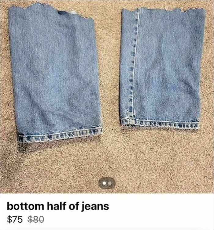 Two cut-off denim jean legs listed for sale at $75 on Facebook Marketplace.