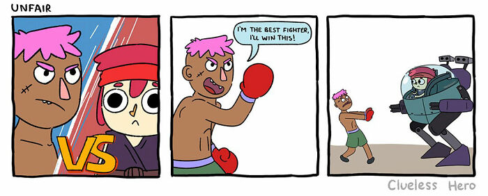 Comic strip with a clueless hero, confidently boxing a robot opponent.