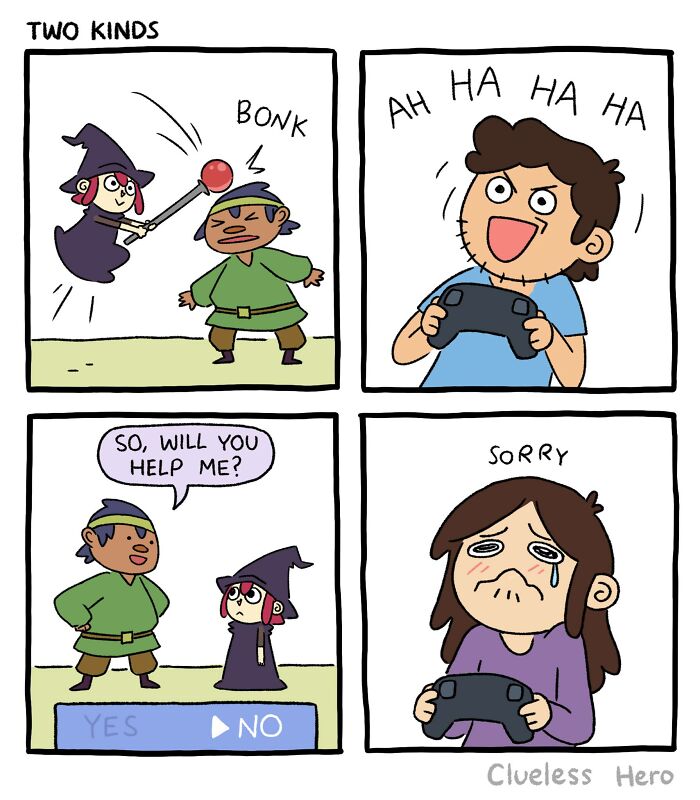 Comic strip depicting a clueless hero gamer, laughing while refusing to help characters in a video game.