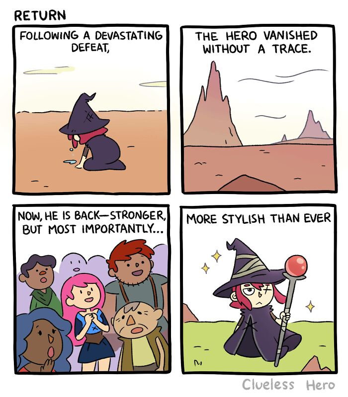 Comic strip featuring a clueless hero wearing a wizard hat and cloak, returning stylish and stronger after a defeat.