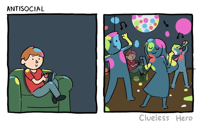 Comic of a clueless hero sitting on a couch; first panel alone, second panel at a party unchanged.