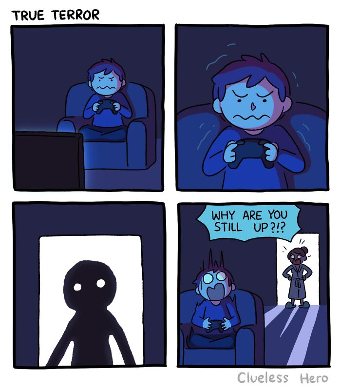 Comic of a clueless hero gaming late at night, surprised by a silhouette in the doorway, revealing an annoyed figure.