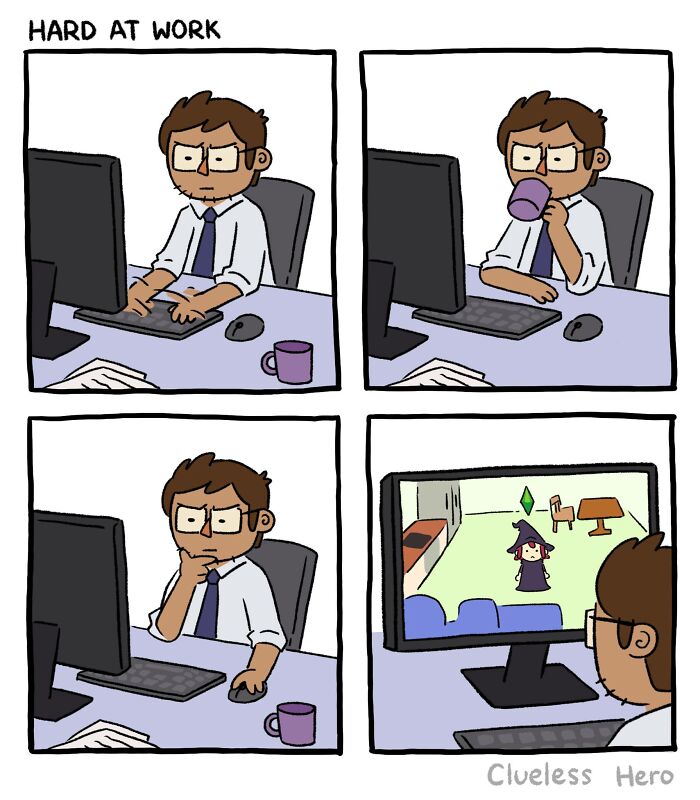 Comic of a "Clueless Hero" at work, sipping coffee, and distracted by a game on his computer screen.