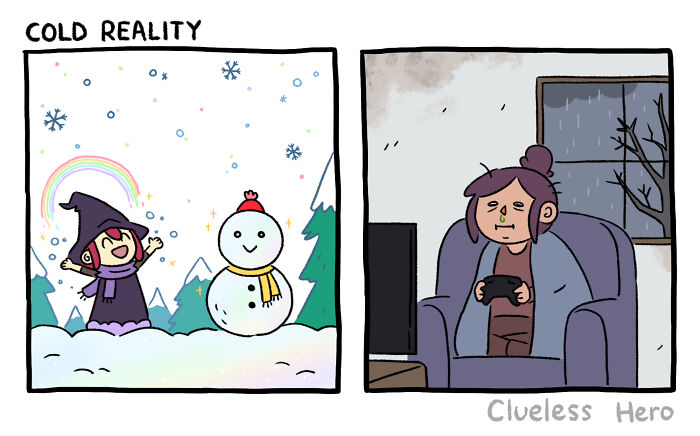 Comic featuring a clueless hero; left shows a happy witch with a snowman, right shows a gamer inside during rain.