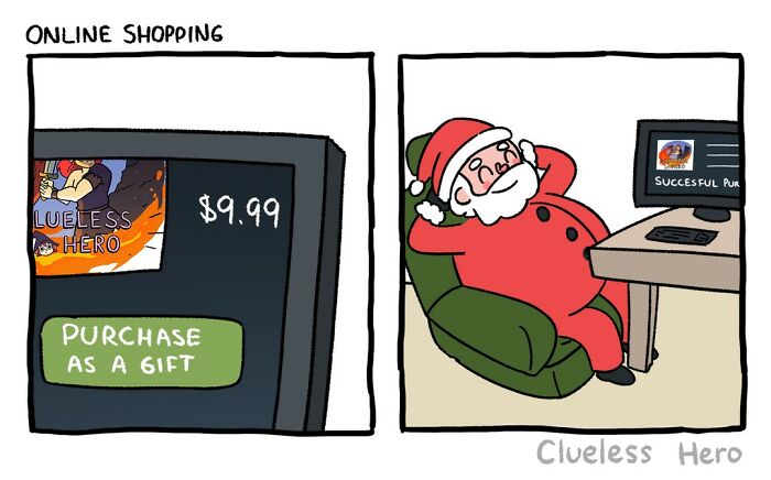 Comic about a clueless hero with Santa buying a $9.99 game online as a gift, then relaxing after a successful purchase.