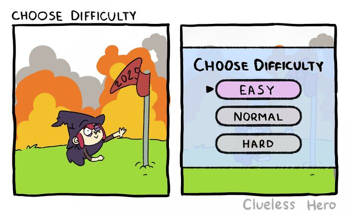 "Clueless Hero comic: a character picks '2023' difficulty, then chooses 'easy' mode in a game menu."