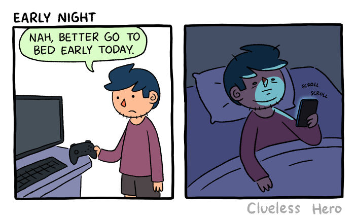 Comic of a clueless hero intending to sleep early but ends up scrolling on the phone in bed.