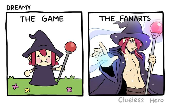 Comic showing a "clueless hero" in a simplified game style versus detailed fan art style.