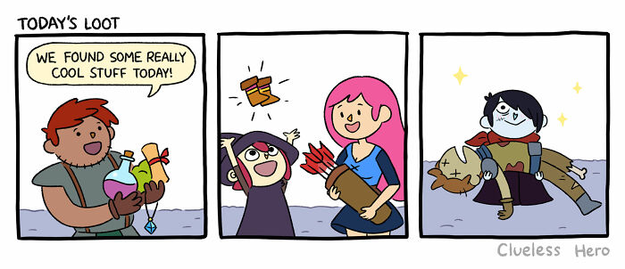 Comic strip featuring clueless hero celebrating today's loot, including potions, boots, arrows, and a defeated enemy.