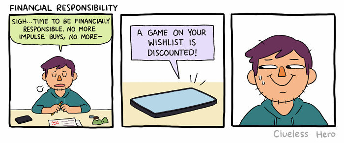 Comic strip about financial responsibility showing a a man struggling with impulse buying due to a game discount.