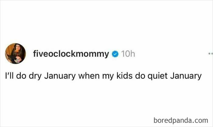 Funny meme about dad life: "I'll do dry January when my kids do quiet January" from fiveoclockmommy.