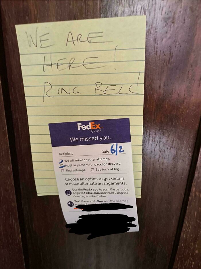 Delivery notice and handwritten note on door, showcasing inconsiderate behavior.