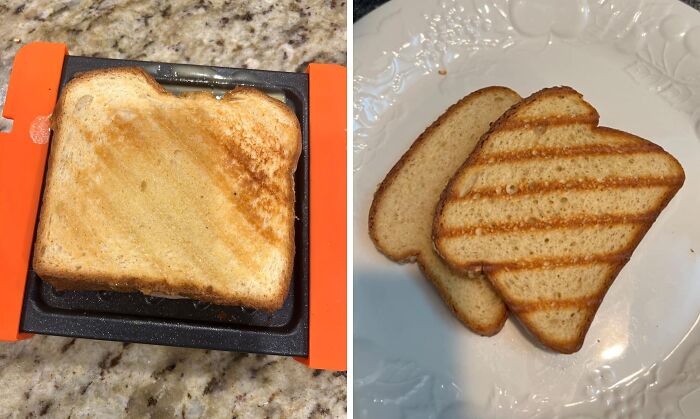 Grilled bread in a square sandwich maker on the left; toast with stripes on a white plate on the right.