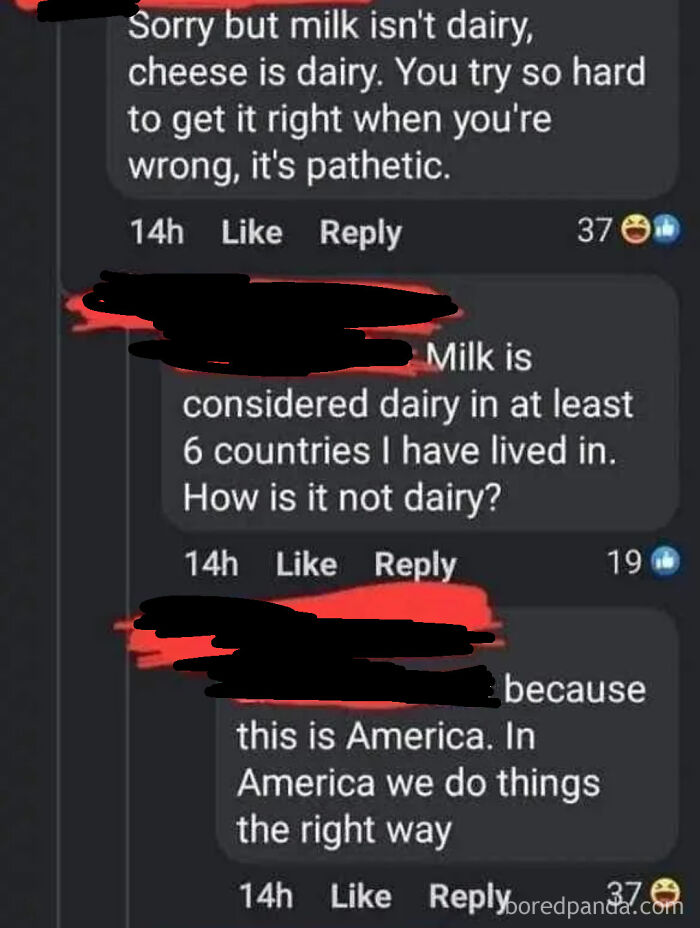 Screenshot of a social media argument about whether milk is dairy, highlighting one of the dumbest posts.