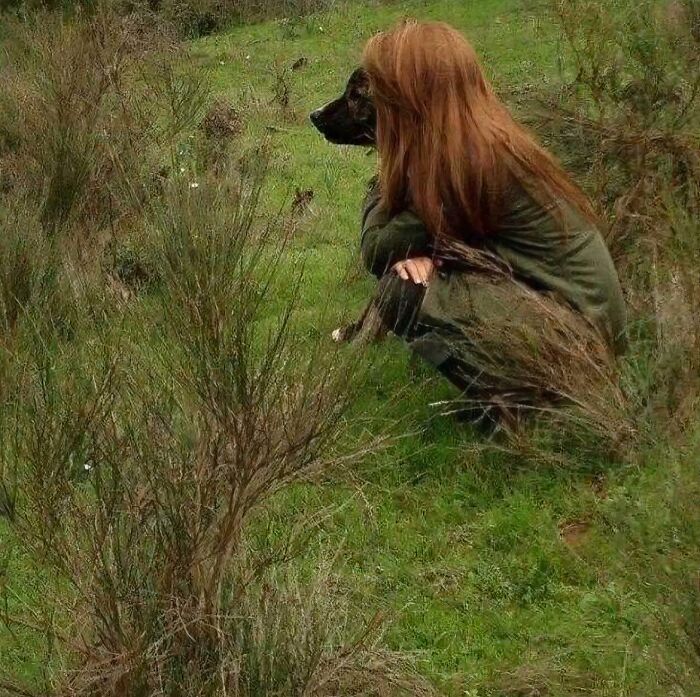 Confusing perspective with a person appearing to have a dog's head in a grassy field.