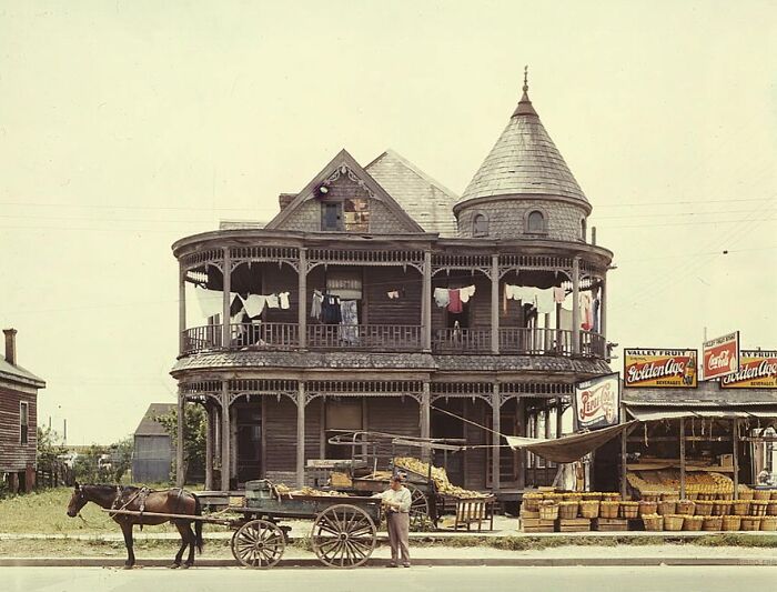 Vintage 1940 color photos of a horse-drawn cart in front of a wooden Victorian house with a turret and laundry hanging.