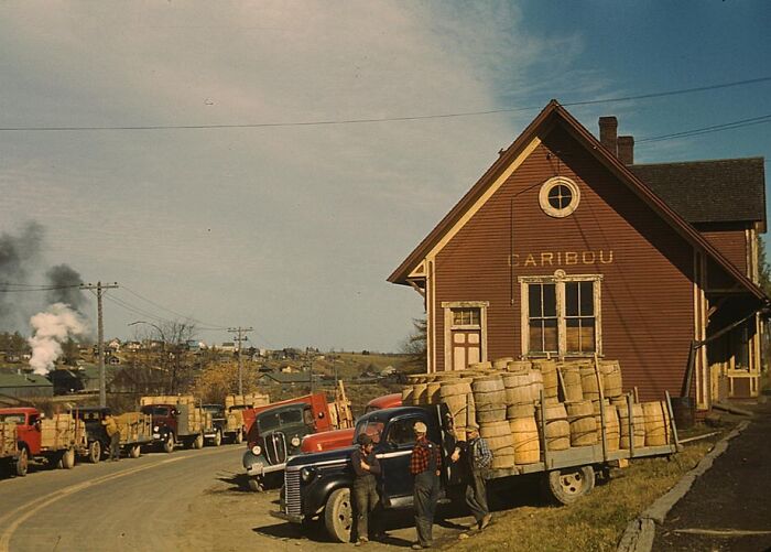 Historic 1940 color photo of a rural scene with men, vintage trucks, and barrels by a wooden building marked "Caribou."