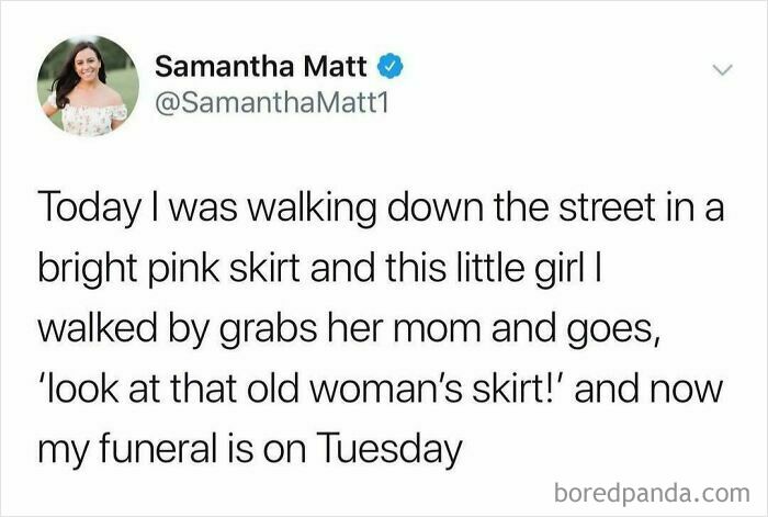 Funny tweet about a child's comment on a pink skirt worn by an adult.