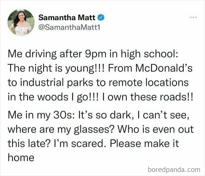 Funny post about millennials comparing night driving excitement in high school versus their 30s vision.