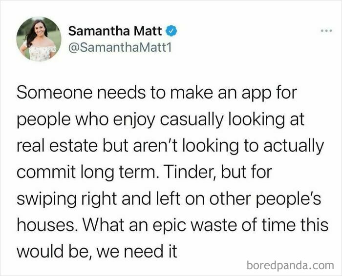 Millennials joke about a real estate browsing app for casual swiping, like Tinder for houses, for entertainment.