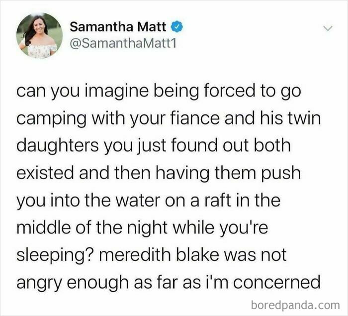 Tweet humorously critiquing millennials' predicament with a camping scenario and Meredith Blake reference.