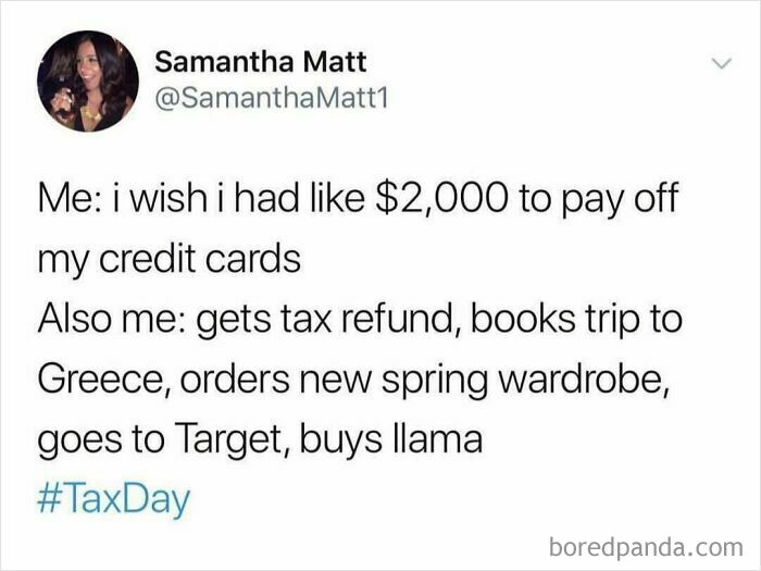 Tweet humorously highlights millennial spending with tax refund on travel and shopping instead of paying credit cards.