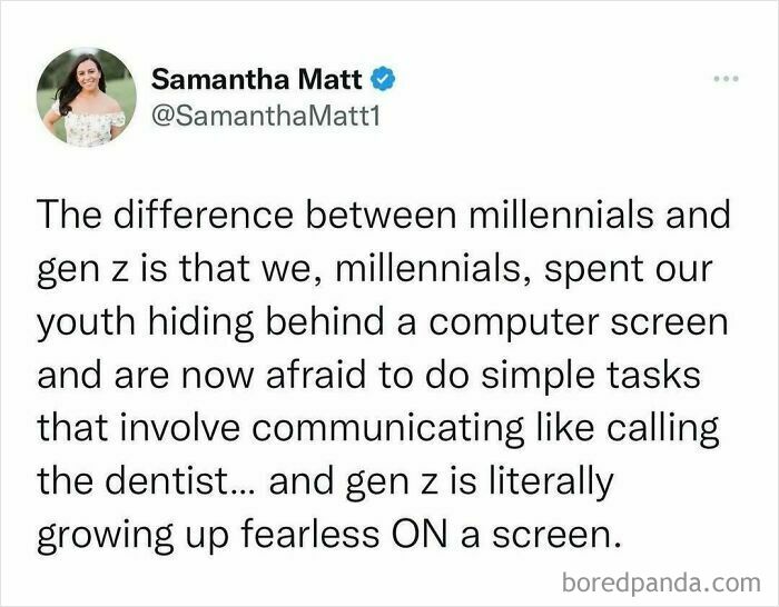 Millennial humor tweet about generational differences and screen use by Samantha Matt.