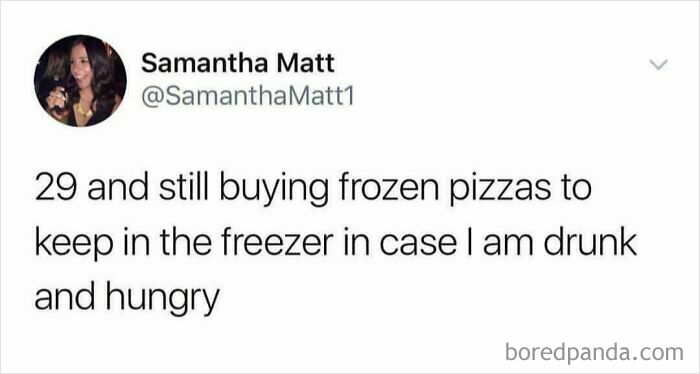 Millennial humor tweet about buying frozen pizzas for future drunk cravings.