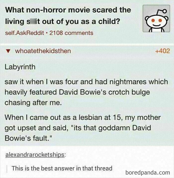 Reddit post discussing a non-horror movie fear featuring a funny and bizarre comment about David Bowie's role in "Labyrinth."