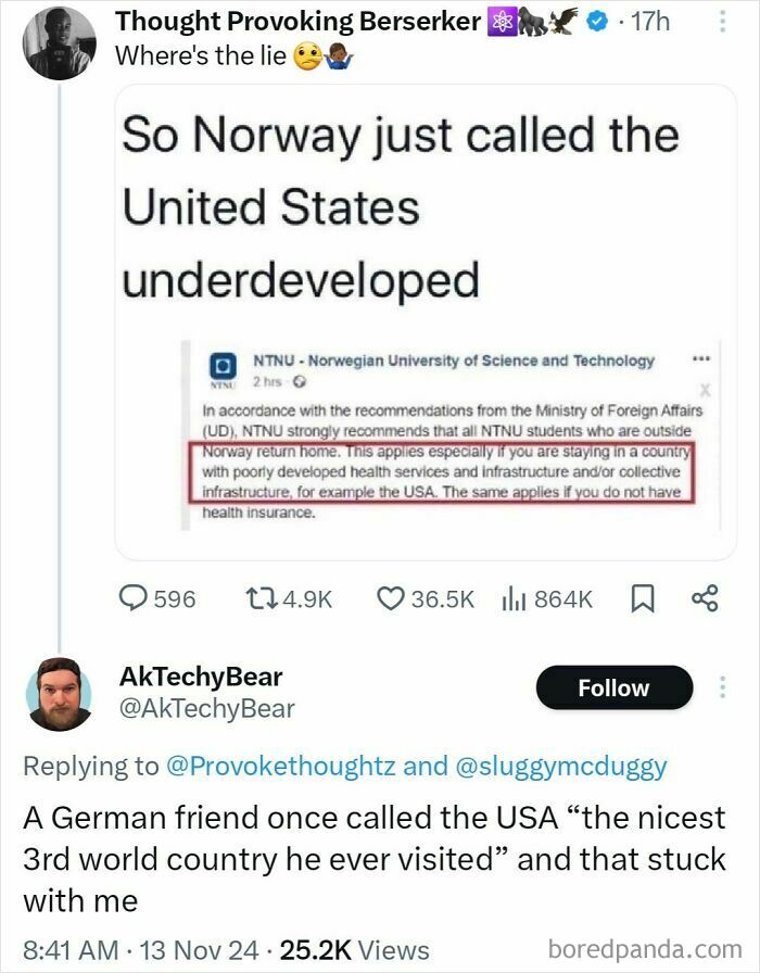 Tweet comparing Norway's view of the USA as underdeveloped with a friend's sarcastic comment, highlighting a bizarre sentence.