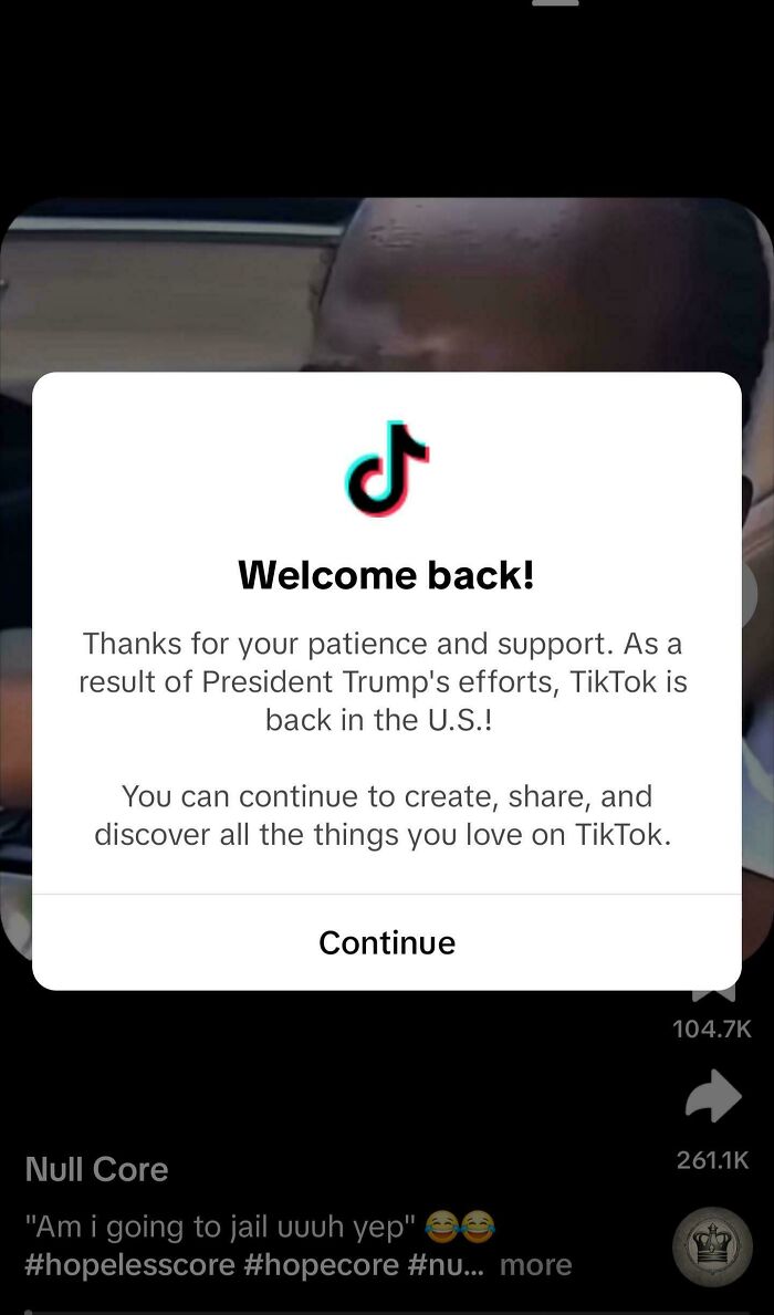 TikTok notification about return to the U.S., illustrating a boring dystopia scenario.