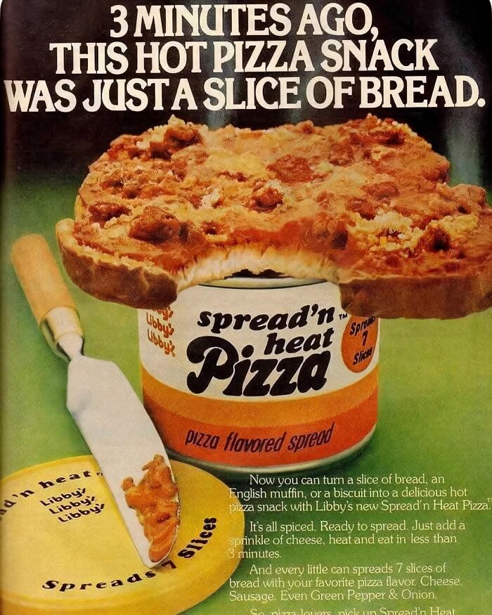 Libby's Spread'n Heat Pizza flavored spread can with a pizza snack on a bread slice, showcasing a funny Gen X reference.