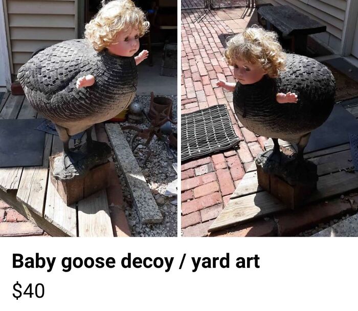 Creepy baby goose decoy with doll head, used as unique yard art priced at $40.