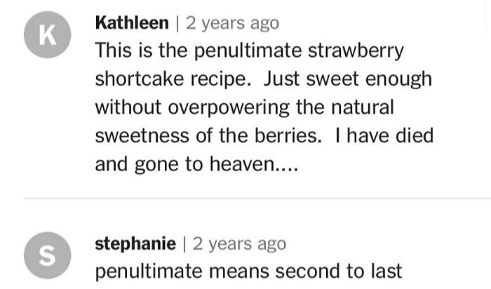 Comments about a strawberry shortcake recipe highlight its sweetness and a humorous definition clarification.