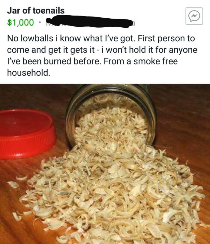 Jar of toenails for sale online, priced at $1,000, in a buy, sell, or trade post. Creepy items available.