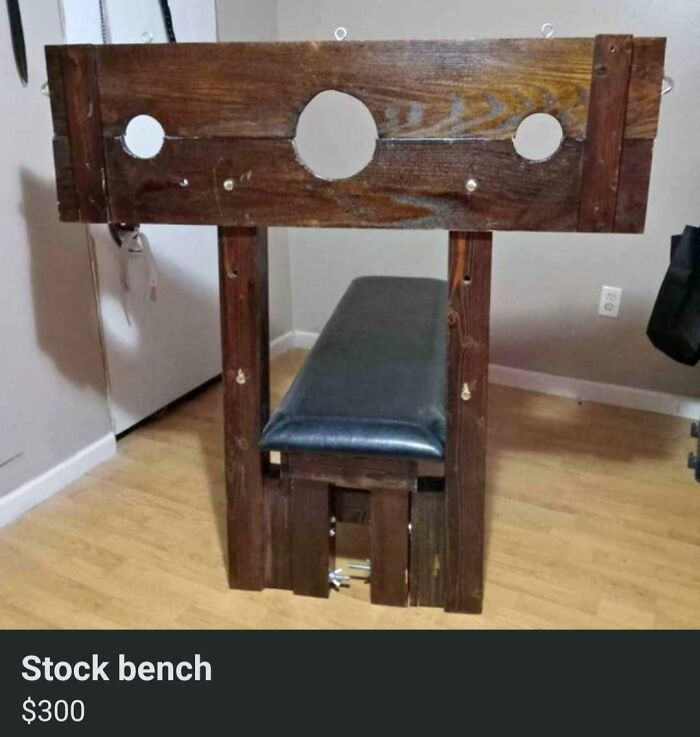 "BDSM stock bench for sale online, priced at $300, wooden structure with padded seat."