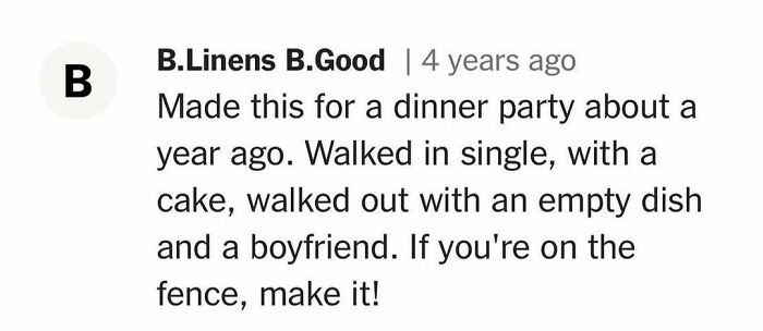 Comment on unhinged cooking experience, turning single entry into a successful exit with a boyfriend after serving a dish.