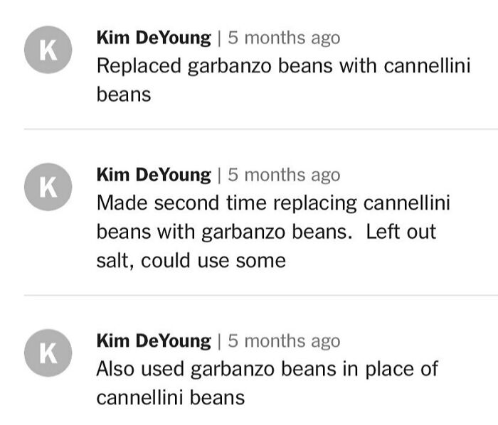 Cooking comments about substituting garbanzo beans for cannellini beans in recipes.