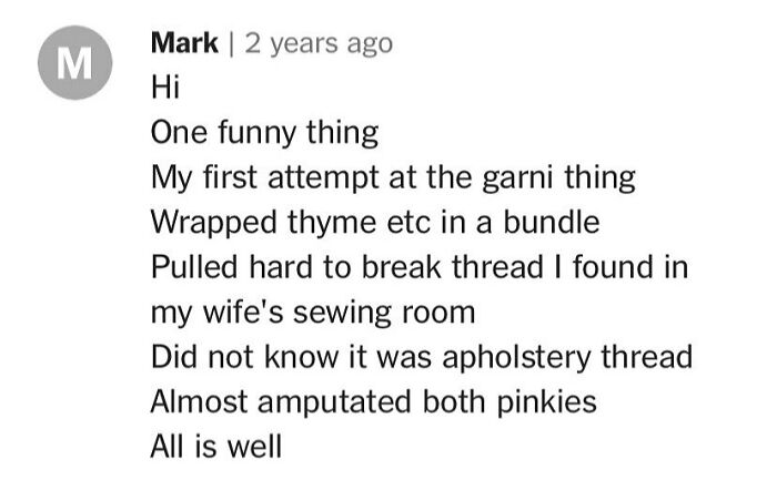 Recipe comment about using thick thread in cooking, highlighting a mishap during the process.