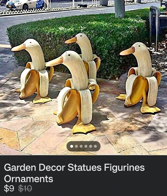 Four banana duck statues for garden decor on sale; examples of creepy things sold online.