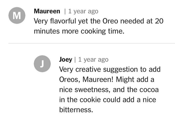 Comments discussing Oreo cooking time and flavor in recipes.