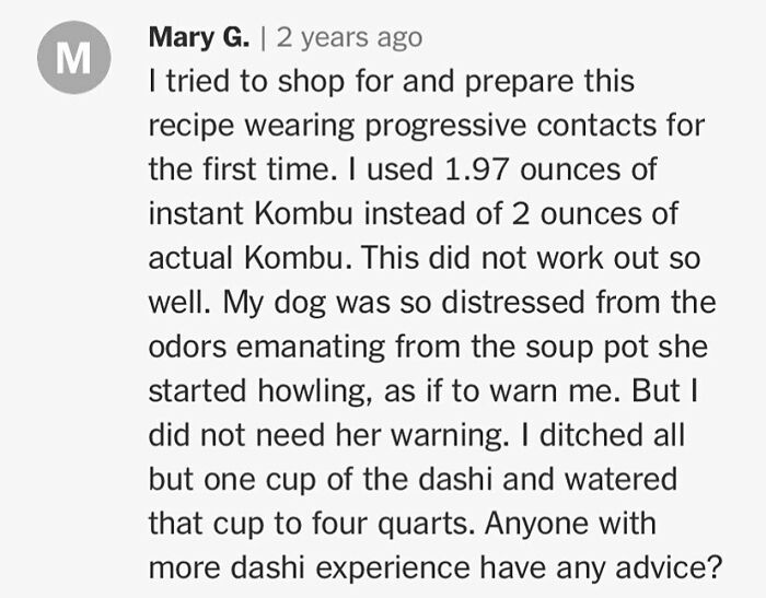 Comment about cooking and recipe mishap with kombu and dashi, mentioning a dog's reaction to the dish's odors.