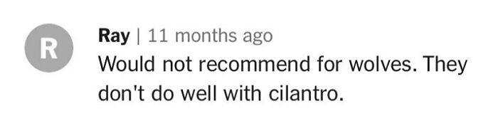 Comment mentions cilantro not being suitable for wolves, humor in cooking context.